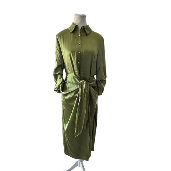 Cinq À Sept Jacey Green Silk Tie Waist Shirtdress Size 6 - Picture 3 of 15